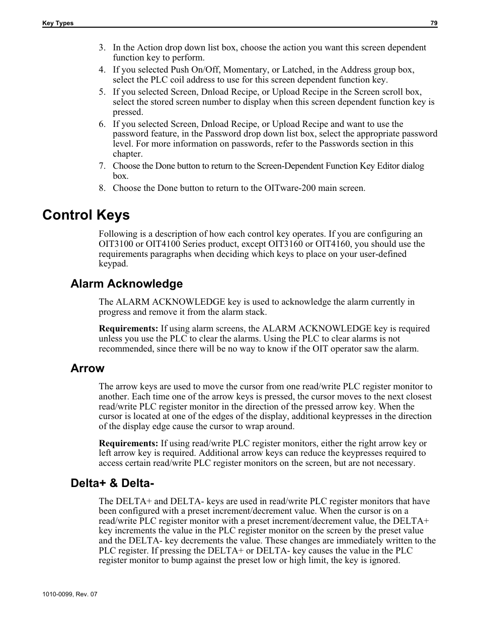 Con trol keys 79, Arrow keys 79, Control keys | Alarm acknowledge, Arrow, Delta+ & delta | Maple Systems OIT Family User Manual | Page 79 / 127