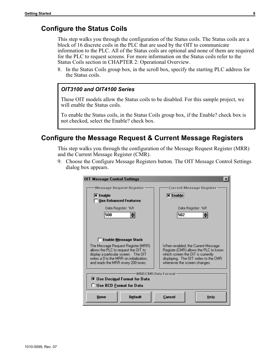 Current message register 8, 23, Configuring 8, Configure the status coils | Maple Systems OIT Family User Manual | Page 8 / 127