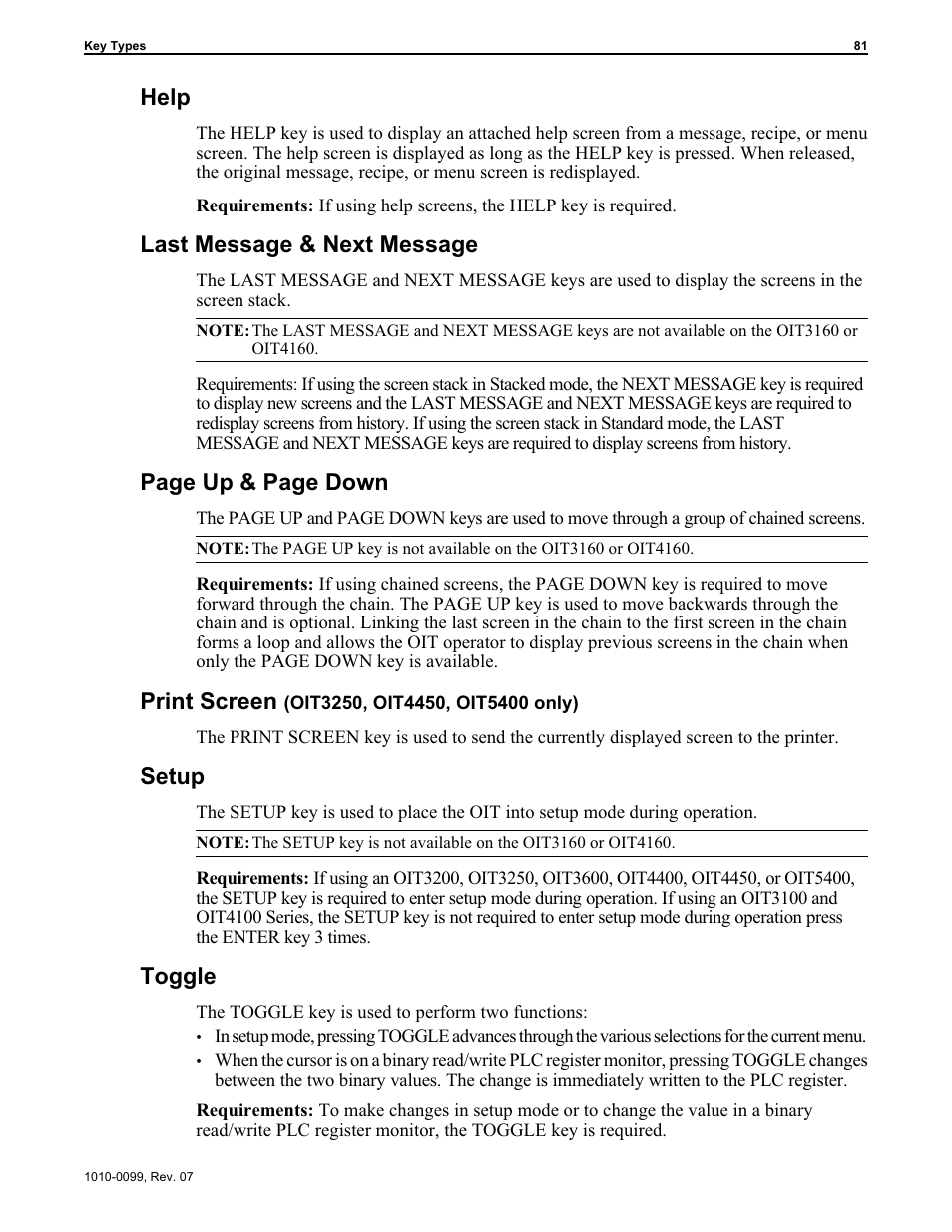 Next message key 81, Print screen key 81, Setup key 81 | Toggle key 81, Help, Last message & next message, Page up & page down, Print screen, Setup, Toggle | Maple Systems OIT Family User Manual | Page 81 / 127