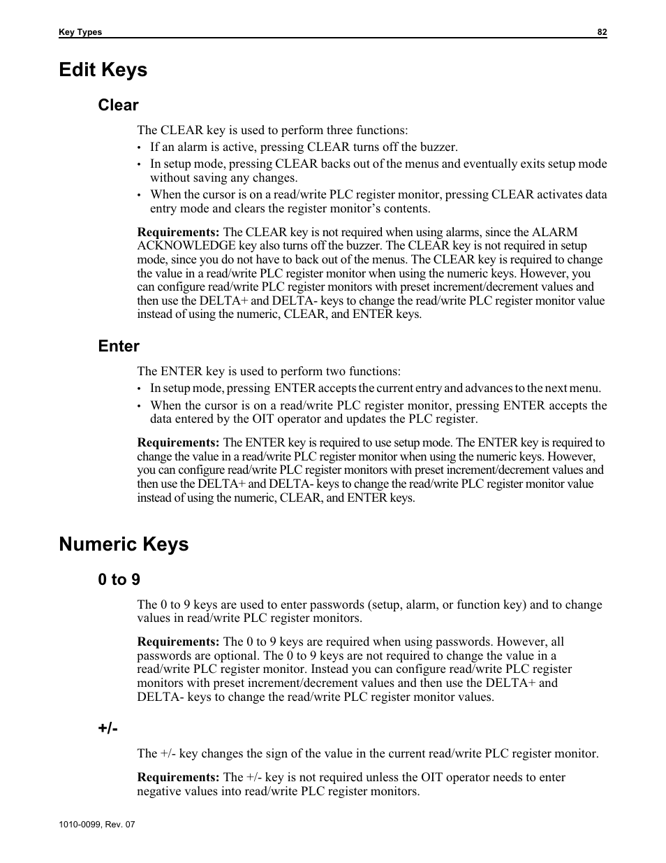 Edit keys 82, Nu meric keys 82, Clear key 82 | Enter key 82, Numeric keys 82, Key 82, 0 to 9 keys 82, Edit keys, Numeric keys, Clear | Maple Systems OIT Family User Manual | Page 82 / 127