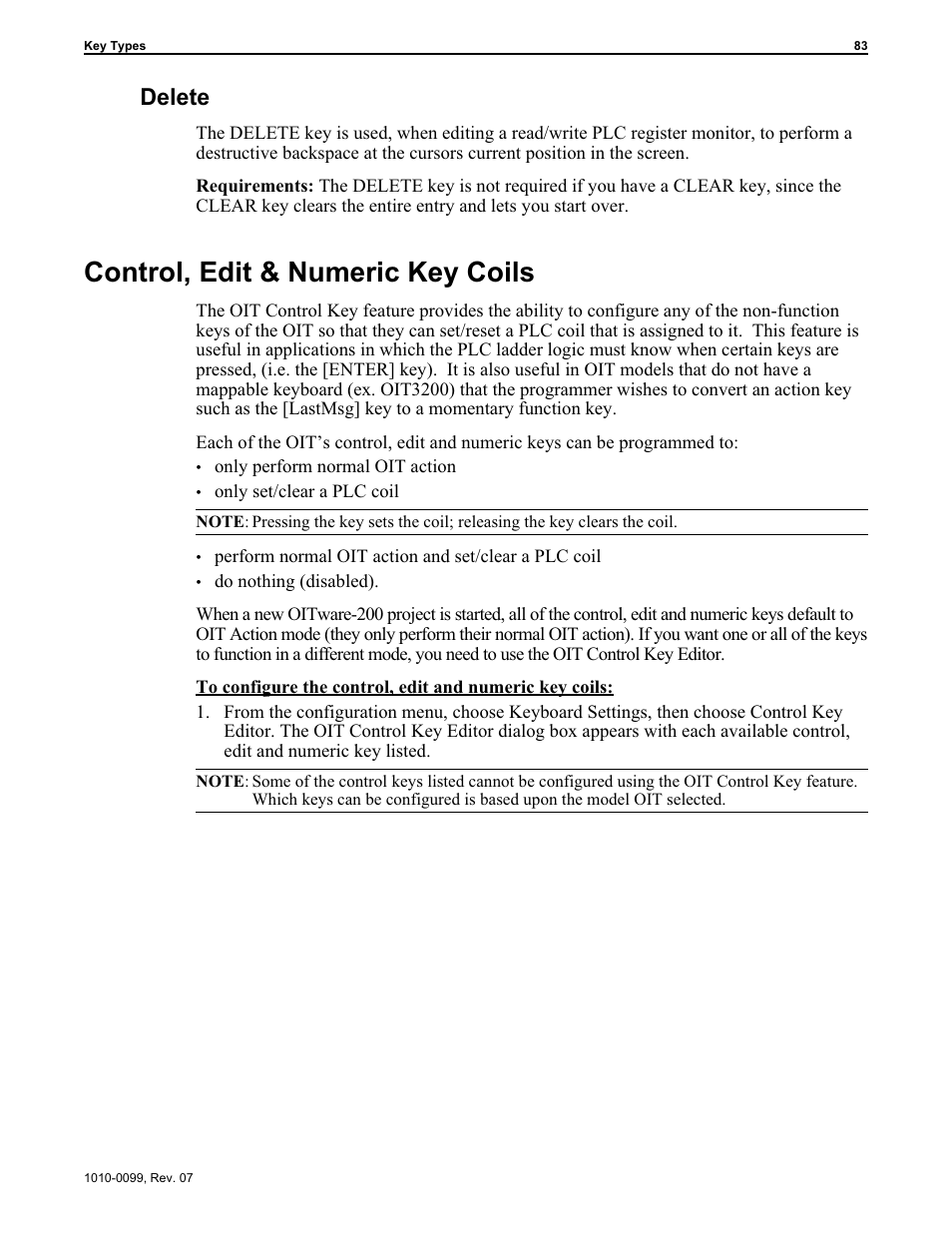 Con trol, edit & nu meric key coils 83, Delete key 83, Control, edit & numeric key coils | Delete | Maple Systems OIT Family User Manual | Page 83 / 127