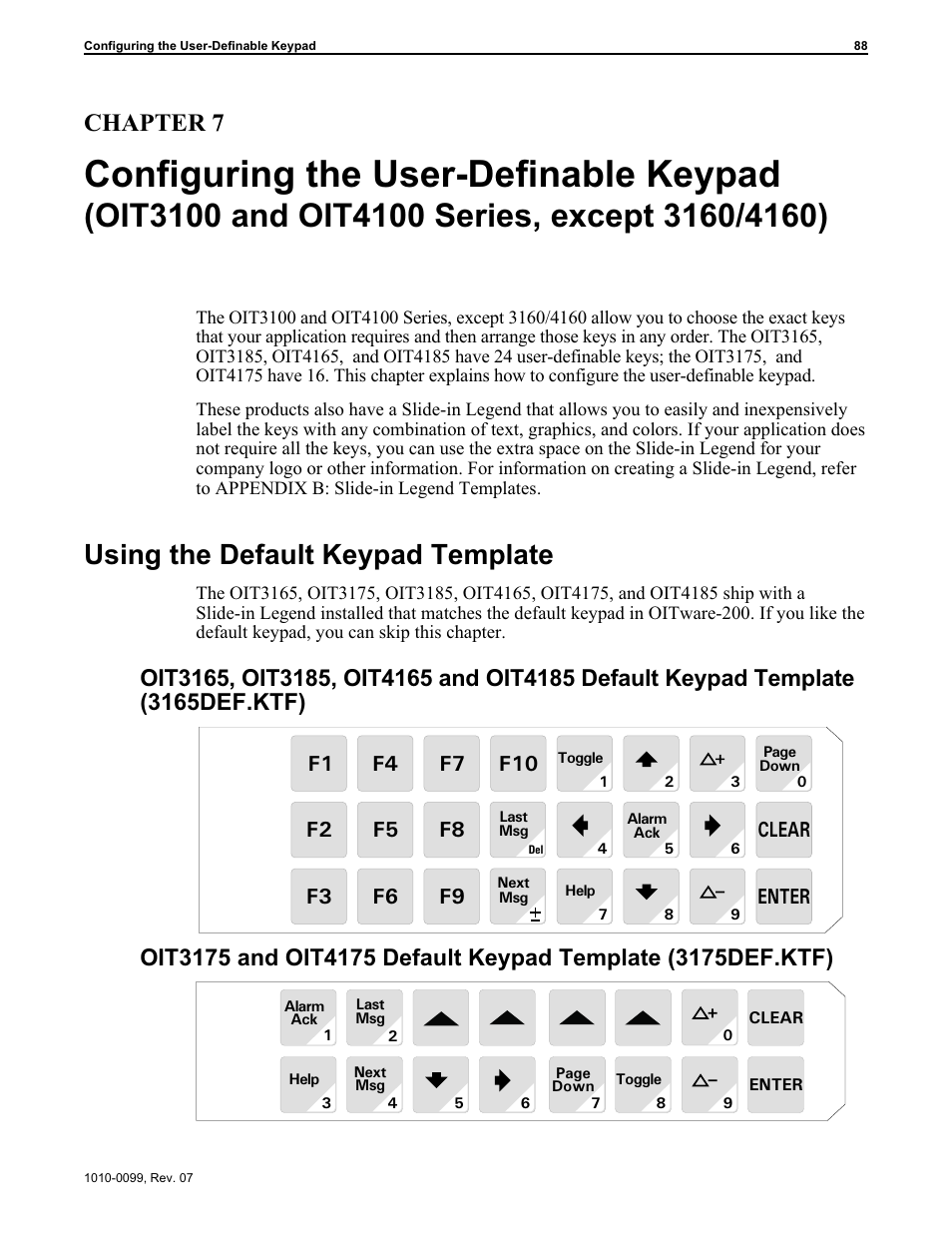 Using the de fault key pad tem plate 88, User-definable keypad 88, Default keypad templates 88 | Configuring the user-definable keypad, Using the default keypad template, Chapter 7 | Maple Systems OIT Family User Manual | Page 88 / 127