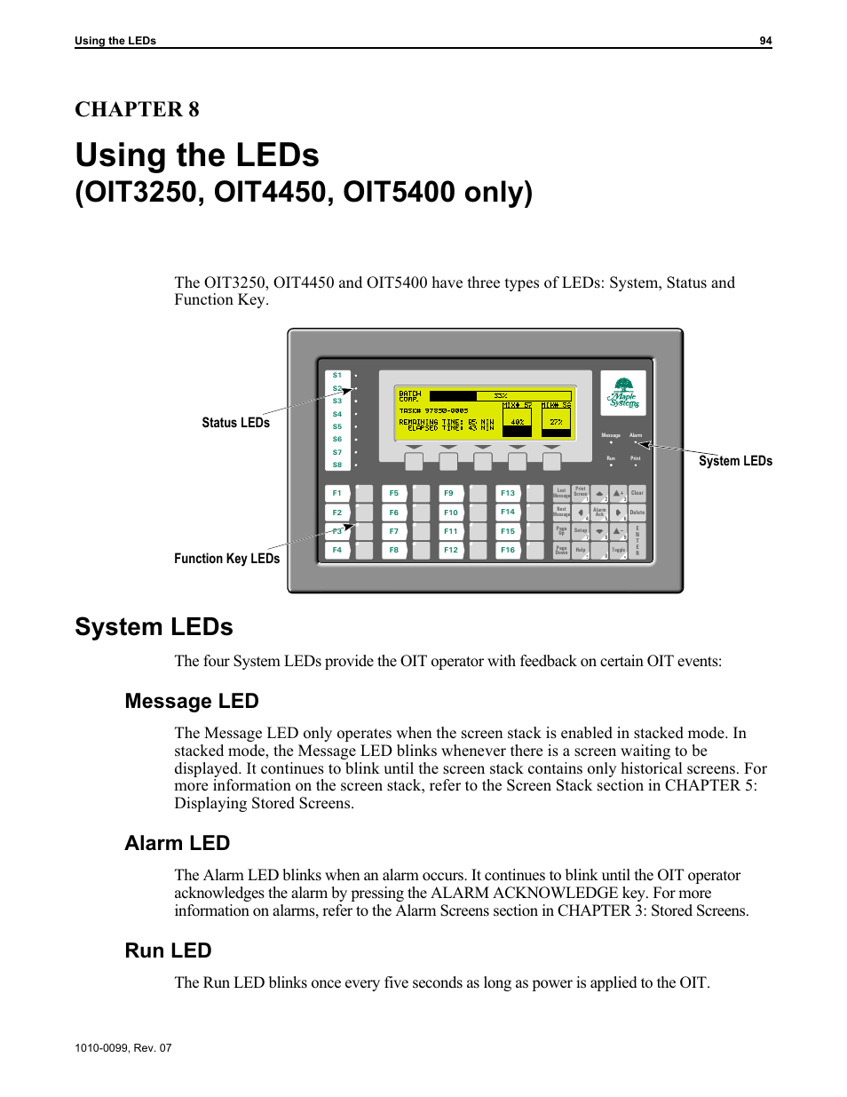 Sys tem leds 94, Alarm led 94, Leds 94 | System 94, Message led 94, System leds 94, Using the leds, System leds, Chapter 8, Message led | Maple Systems OIT Family User Manual | Page 94 / 127