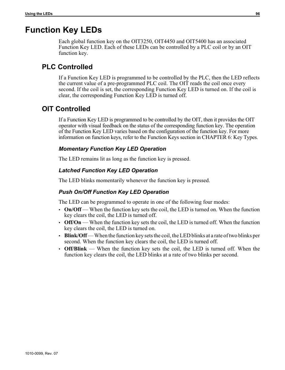 Func tion key leds 96, Function key leds 96, Leds 96 | Function key 96, Function key leds, Plc controlled, Oit controlled | Maple Systems OIT Family User Manual | Page 96 / 127