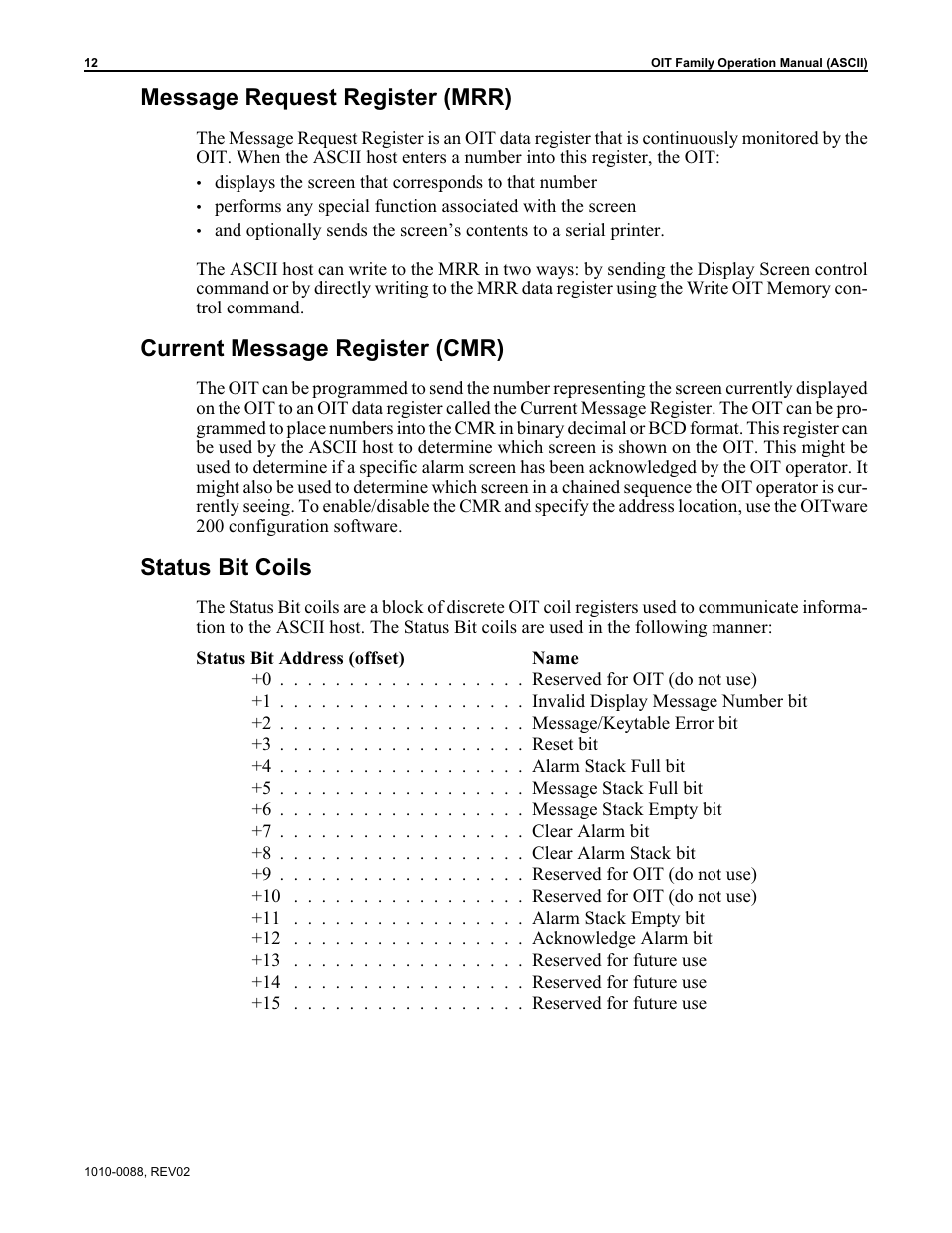 Message request register (mrr), Current message register (cmr), Status bit coils | Maple Systems OIT Family (ASCII) User Manual | Page 13 / 61