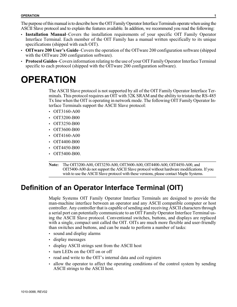 Operation, Definition of an operator interface terminal (oit) | Maple Systems OIT Family (ASCII) User Manual | Page 2 / 61