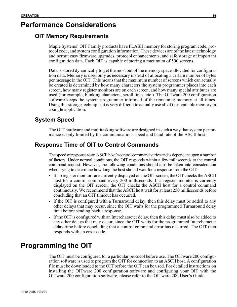 Performance considerations, Programming the oit, System speed | Response time of oit to control commands | Maple Systems OIT Family (ASCII) User Manual | Page 20 / 61