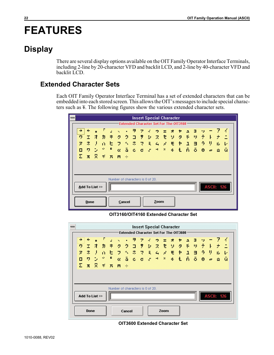 Features, Display, Extended character sets | Maple Systems OIT Family (ASCII) User Manual | Page 23 / 61