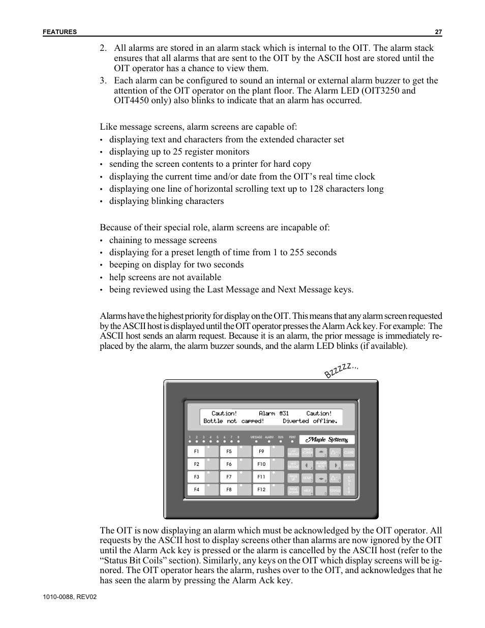 Displaying up to 25 register monitors, Chaining to message screens, Beeping on display for two seconds | Help screens are not available, Bzz zzz | Maple Systems OIT Family (ASCII) User Manual | Page 28 / 61