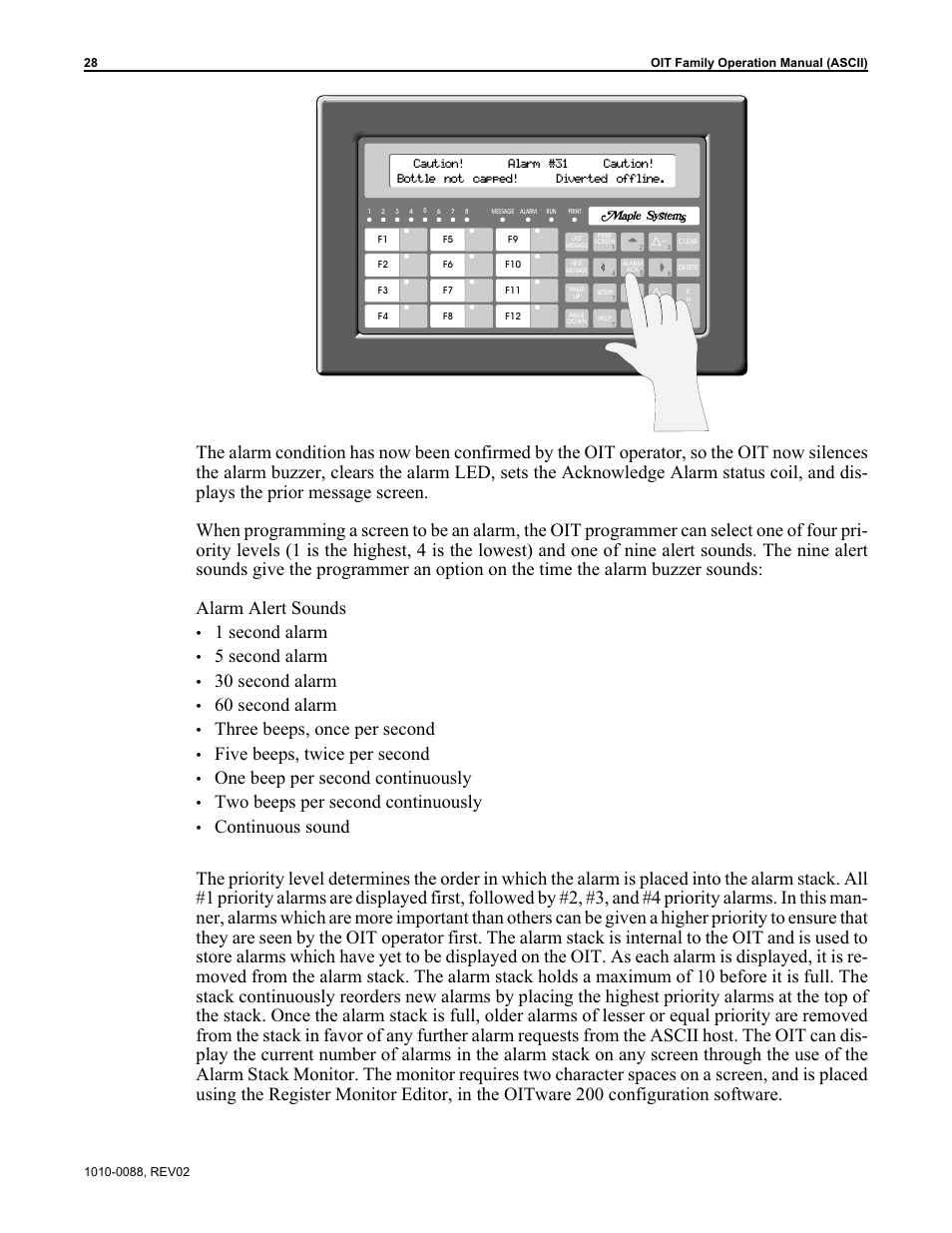 1 second alarm, 5 second alarm, 30 second alarm | 60 second alarm, Three beeps, once per second, Five beeps, twice per second, One beep per second continuously, Two beeps per second continuously | Maple Systems OIT Family (ASCII) User Manual | Page 29 / 61