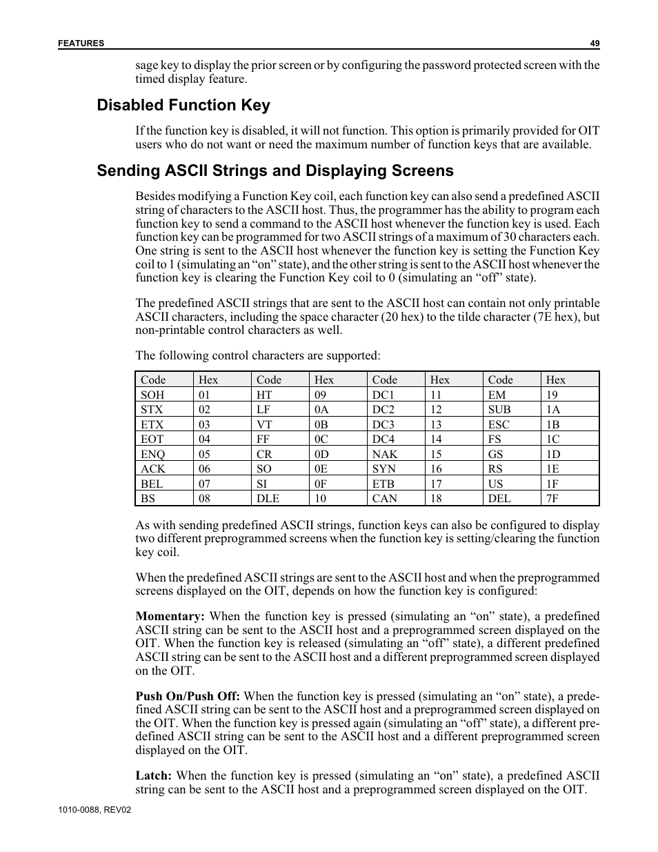 Disabled function key, Sending ascii strings and displaying screens | Maple Systems OIT Family (ASCII) User Manual | Page 50 / 61