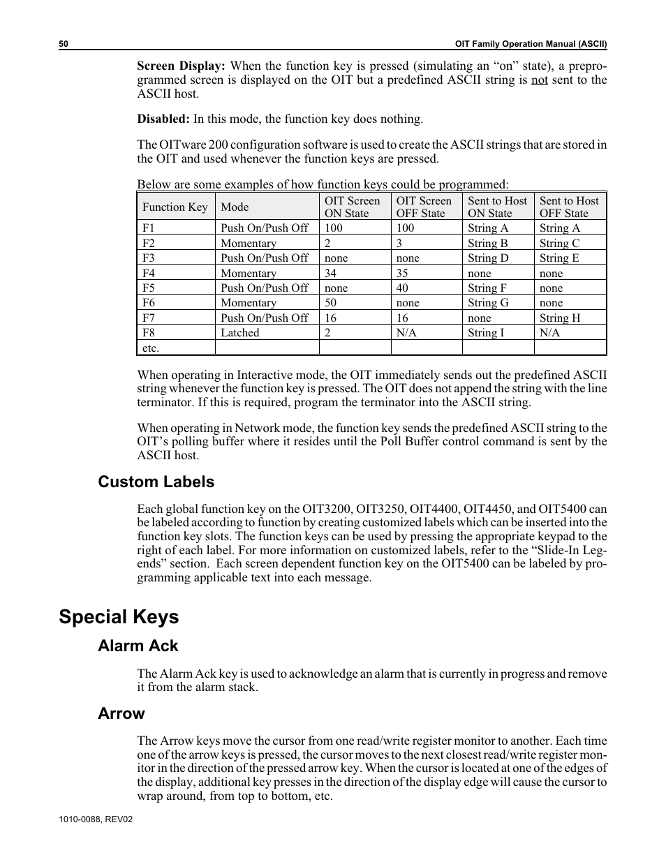 Special keys, Custom labels, Alarm ack | Arrow | Maple Systems OIT Family (ASCII) User Manual | Page 51 / 61