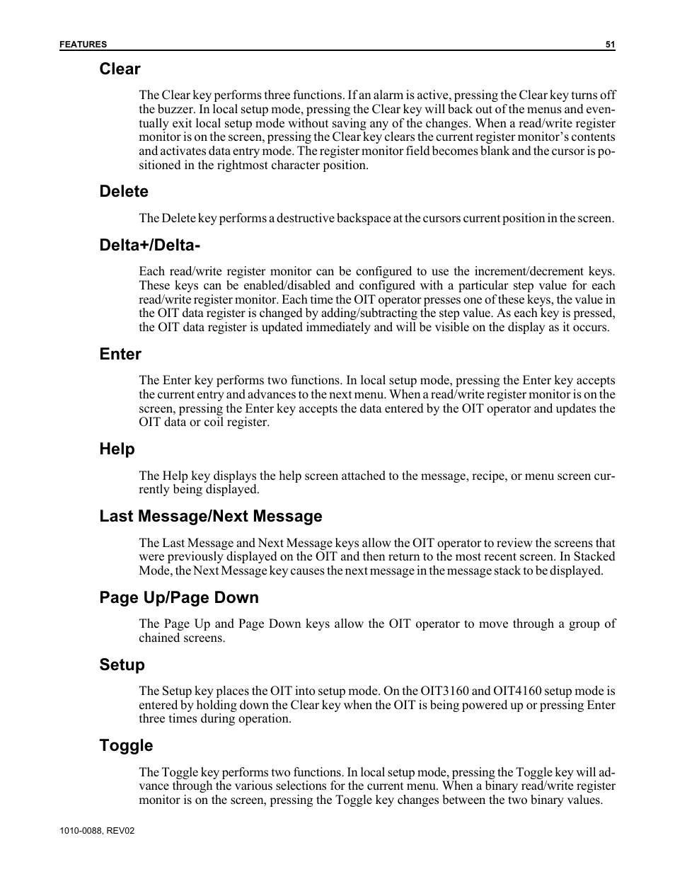 Clear, Delete, Delta+/delta | Enter, Help, Last message/next message, Page up/page down, Setup, Toggle | Maple Systems OIT Family (ASCII) User Manual | Page 52 / 61