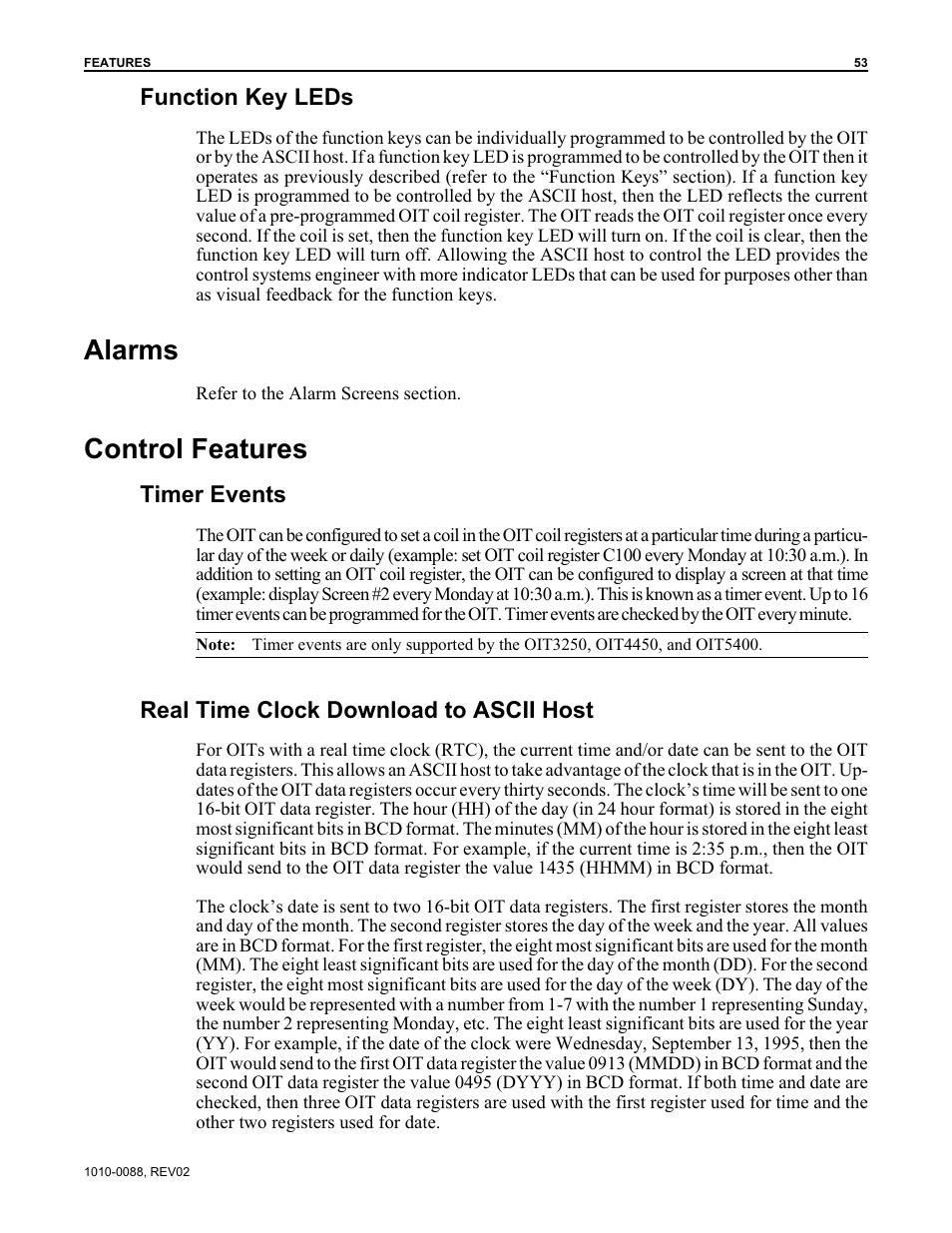 Alarms, Control features, Function key leds | Timer events, Real time clock download to ascii host | Maple Systems OIT Family (ASCII) User Manual | Page 54 / 61