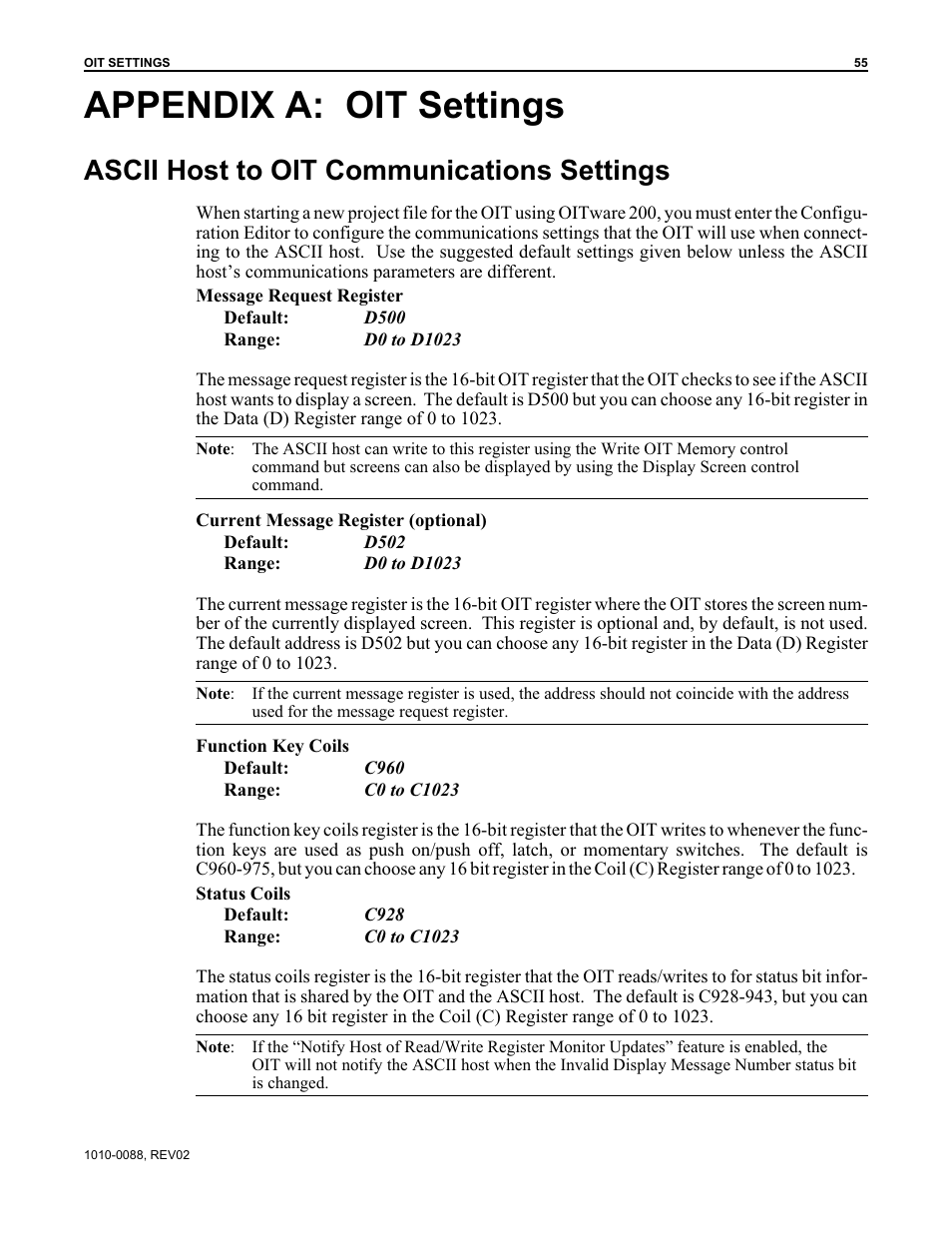 Appendix a: oit settings, Ascii host to oit communications settings | Maple Systems OIT Family (ASCII) User Manual | Page 56 / 61