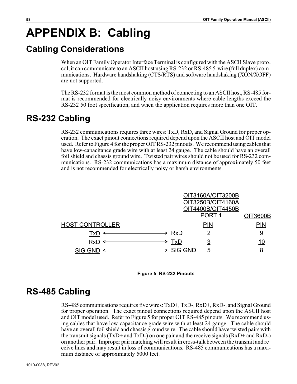 Appendix b: cabling, Cabling considerations, Rs-232 cabling | Rs-485 cabling | Maple Systems OIT Family (ASCII) User Manual | Page 59 / 61