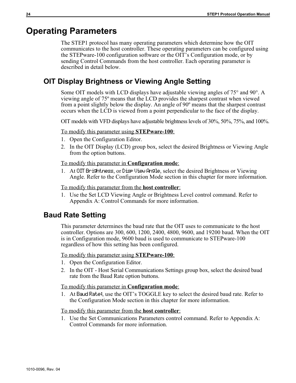 Operating parameters, Oit display brightness or viewing angle setting, Baud rate setting | Maple Systems STEPware-100 User Manual | Page 27 / 93