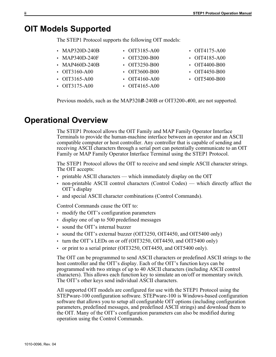 Oit models supported, Operational overview | Maple Systems STEPware-100 User Manual | Page 3 / 93