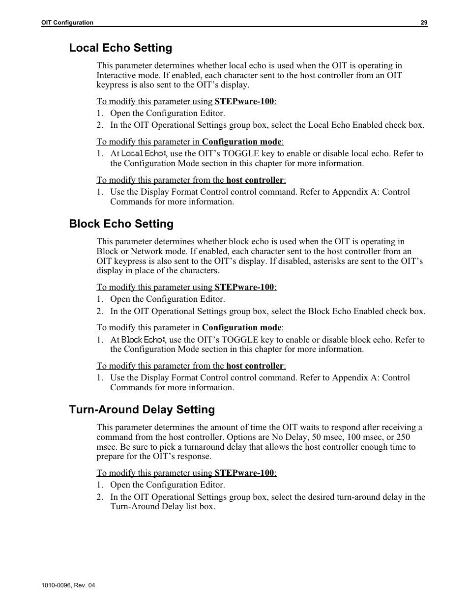 Local echo setting, Block echo setting, Turn-around delay setting | Maple Systems STEPware-100 User Manual | Page 32 / 93