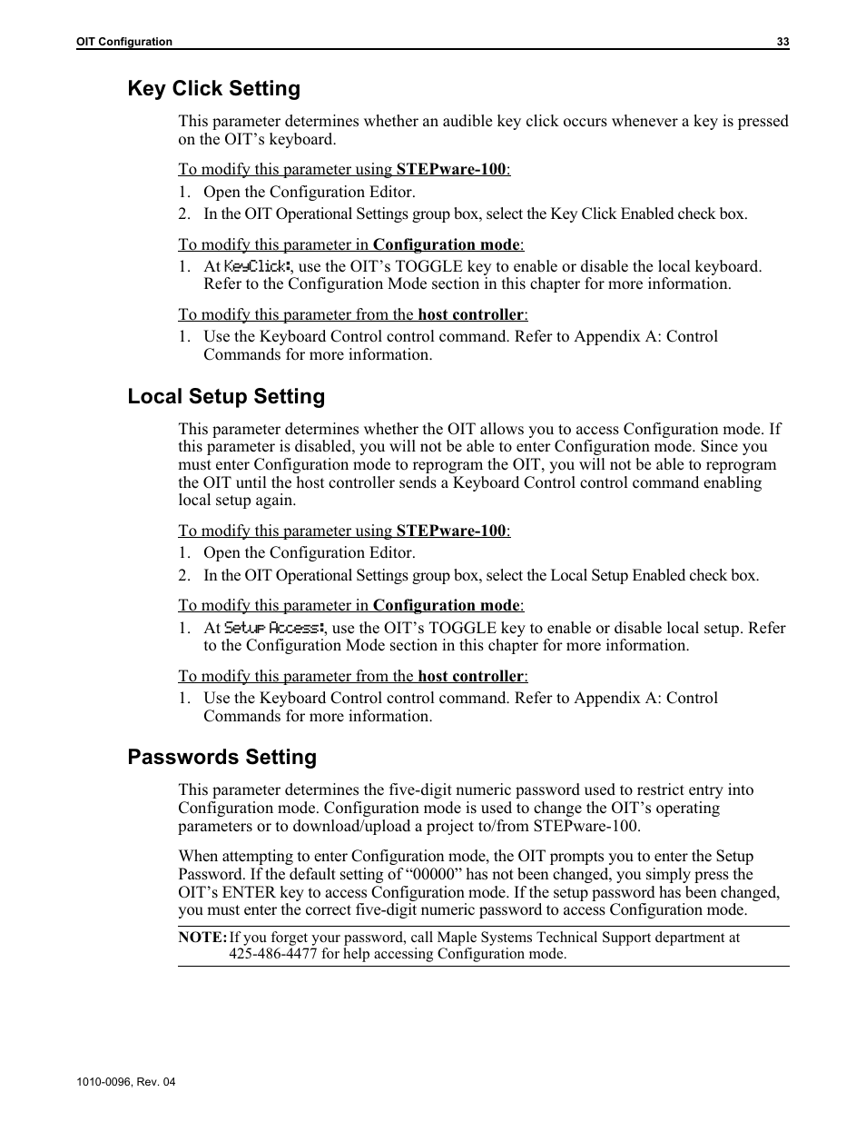 Key click setting, Local setup setting, Passwords setting | Maple Systems STEPware-100 User Manual | Page 36 / 93