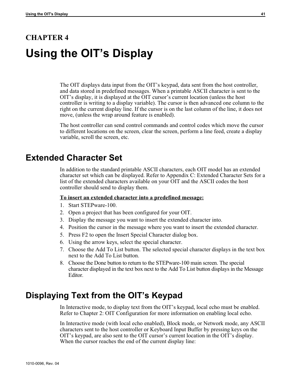 Chapter 4: using the oit’s display, Using the oit’s display, Extended character set | Displaying text from the oit’s keypad, Chapter 4 | Maple Systems STEPware-100 User Manual | Page 44 / 93