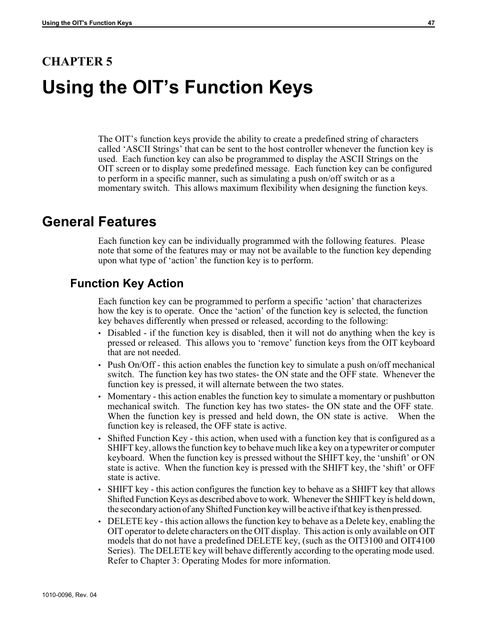 Chapter 5: using the oit’s function keys, Using the oit’s function keys, General features | Chapter 5, Function key action | Maple Systems STEPware-100 User Manual | Page 50 / 93