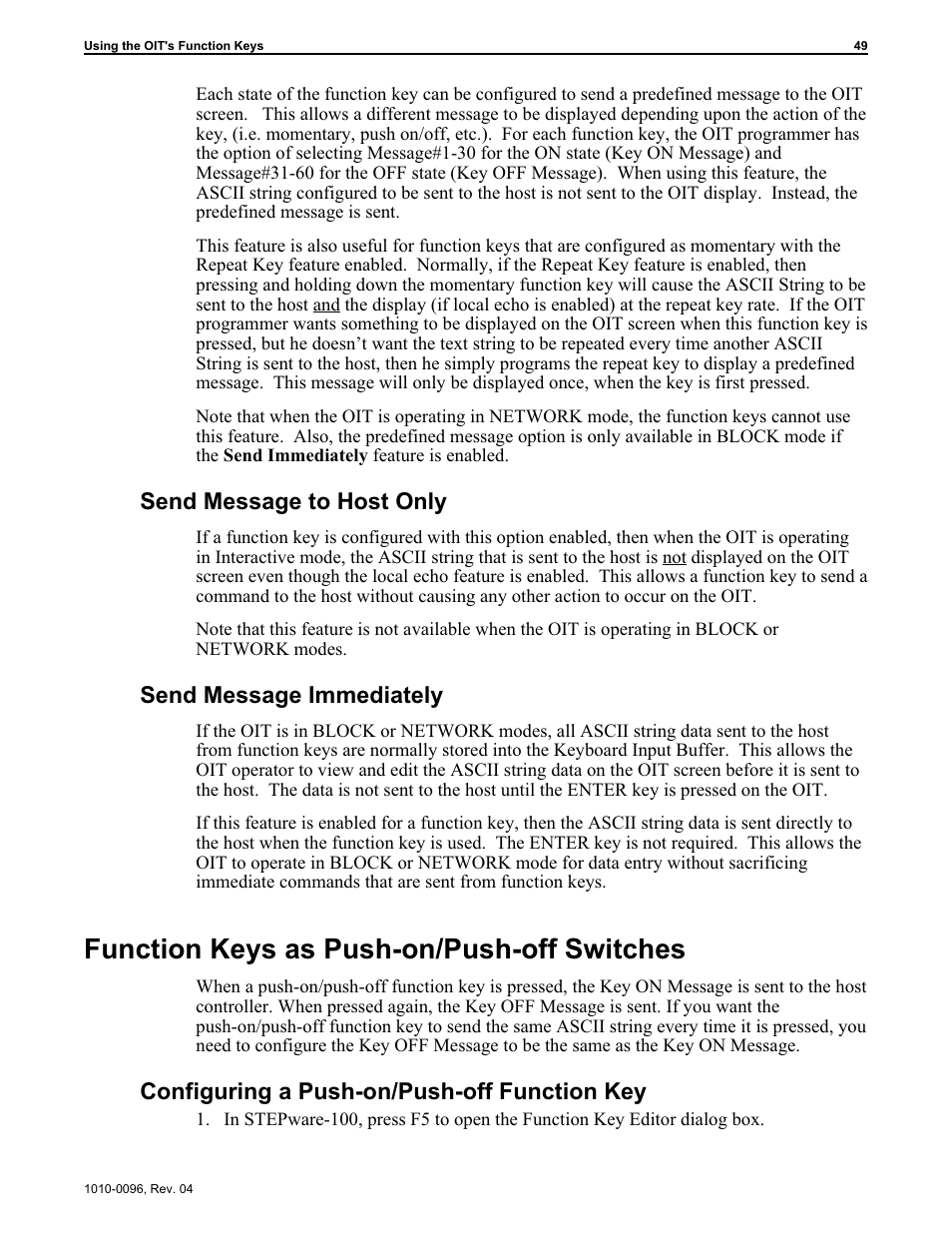 Function keys as push-on/push-off switches, Send message to host only, Send message immediately | Configuring a push-on/push-off function key | Maple Systems STEPware-100 User Manual | Page 52 / 93