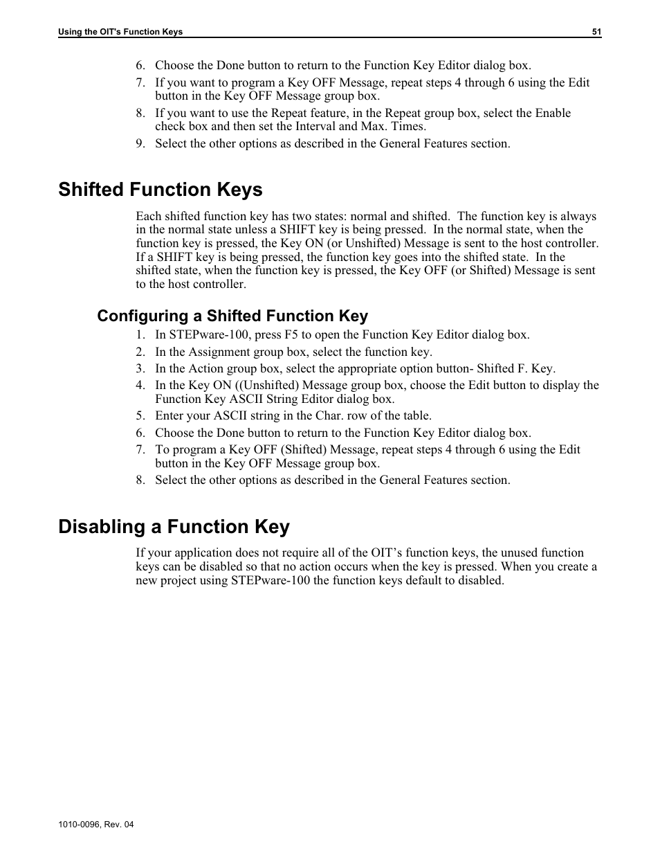 Shifted function keys, Disabling a function key, Configuring a shifted function key | Maple Systems STEPware-100 User Manual | Page 54 / 93