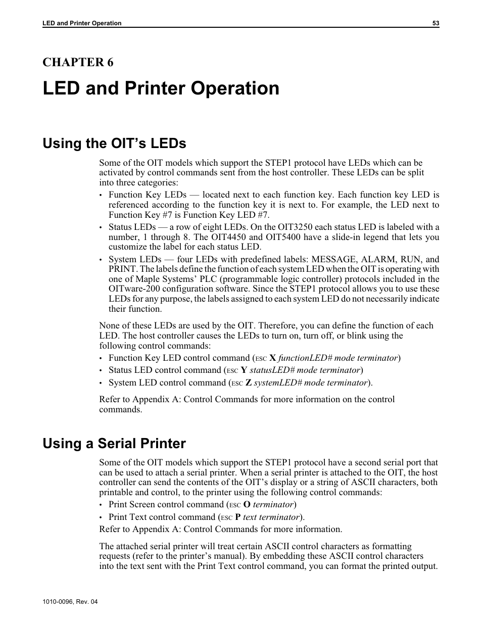 Chapter 6: led and printer operation, Led and printer operation, Using the oit’s leds | Using a serial printer, Chapter 6 | Maple Systems STEPware-100 User Manual | Page 56 / 93