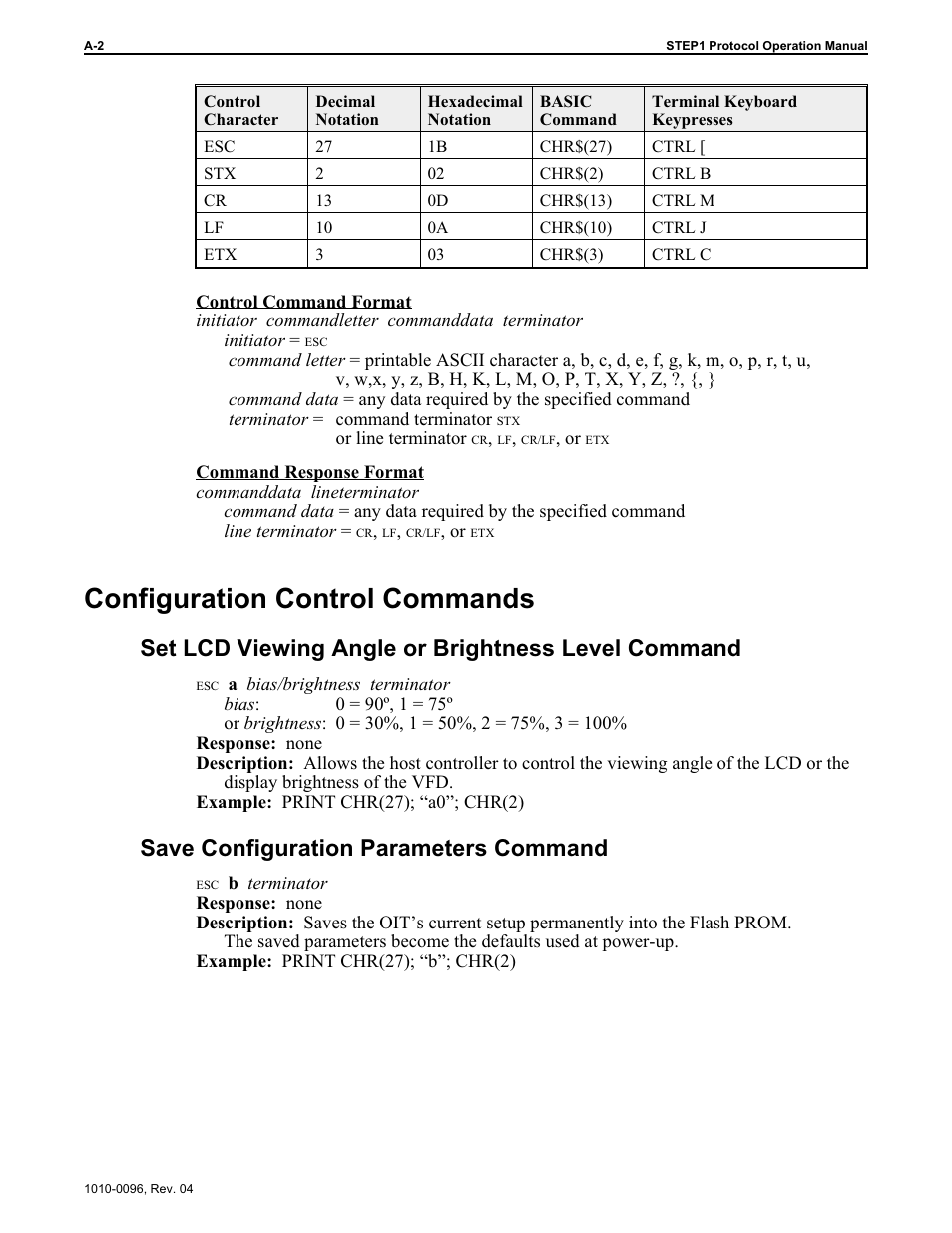 Configuration control commands, Set lcd viewing angle or brightness level command, Save configuration parameters command | Maple Systems STEPware-100 User Manual | Page 59 / 93