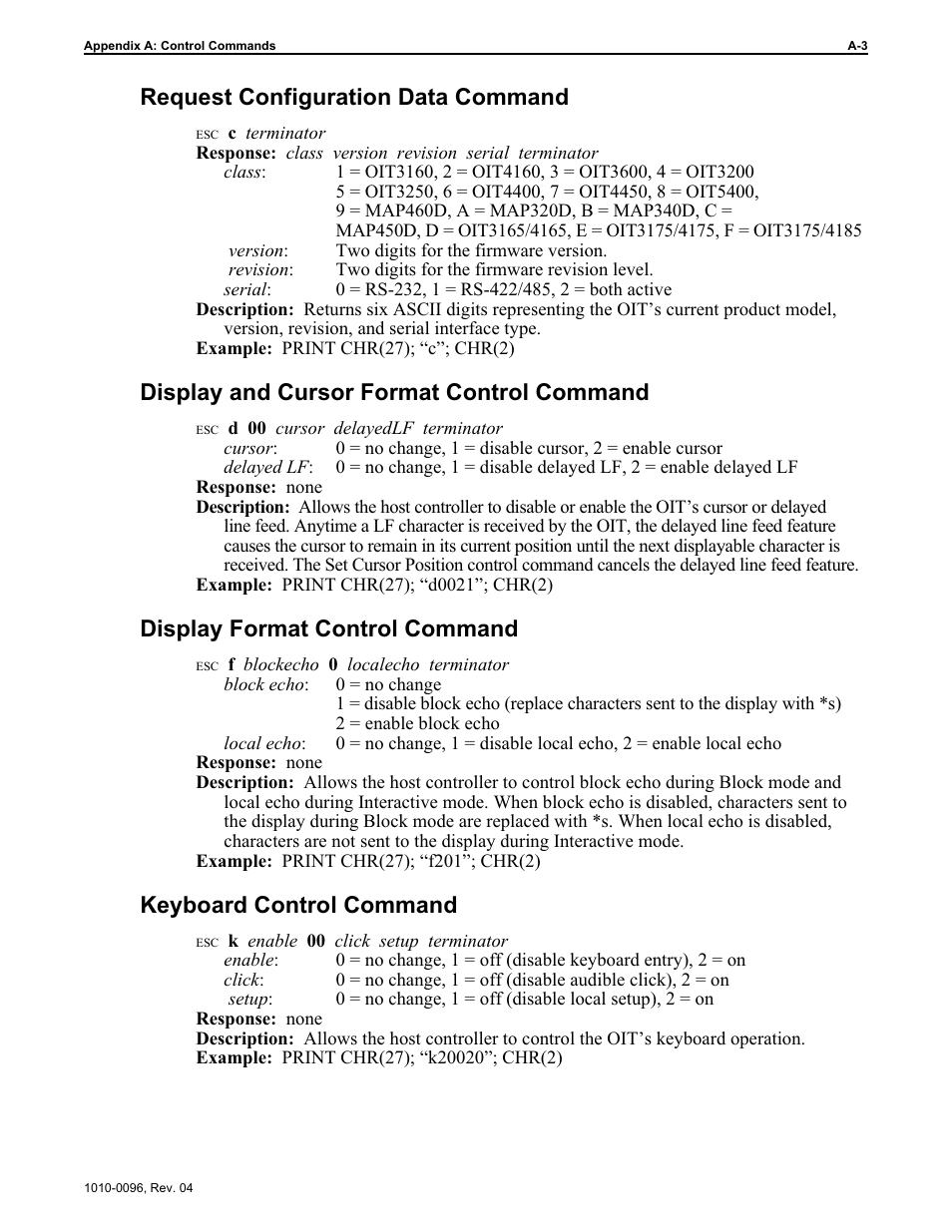 Request configuration data command, Display and cursor format control command, Display format control command | Keyboard control command | Maple Systems STEPware-100 User Manual | Page 60 / 93