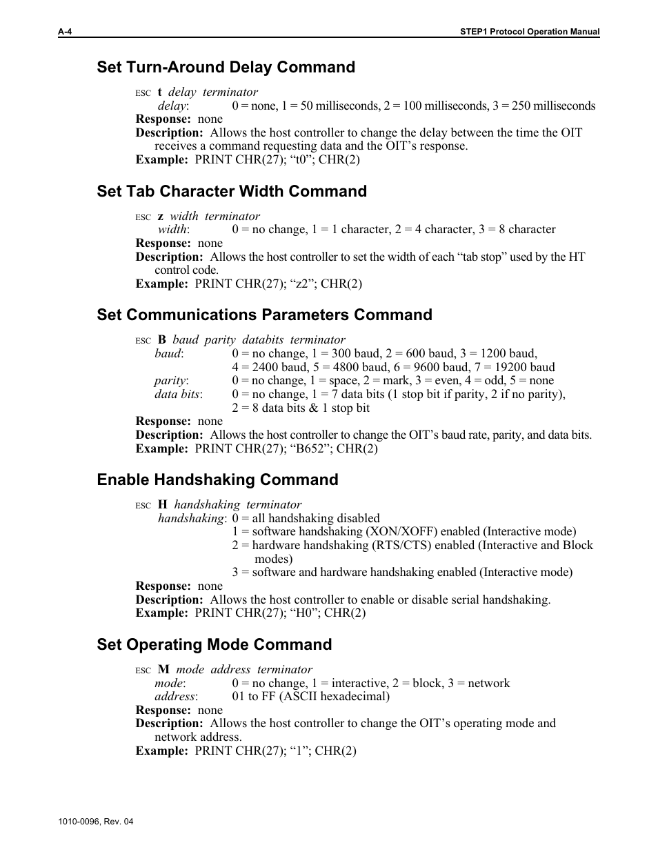 Set turn-around delay command, Set tab character width command, Set communications parameters command | Enable handshaking command, Set operating mode command | Maple Systems STEPware-100 User Manual | Page 61 / 93