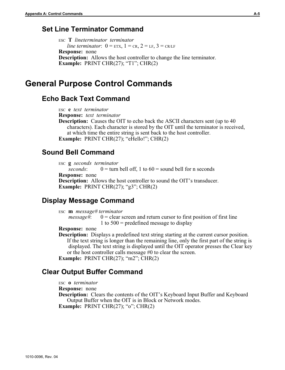 General purpose control commands, Set line terminator command, Echo back text command | Sound bell command, Display message command, Clear output buffer command | Maple Systems STEPware-100 User Manual | Page 62 / 93