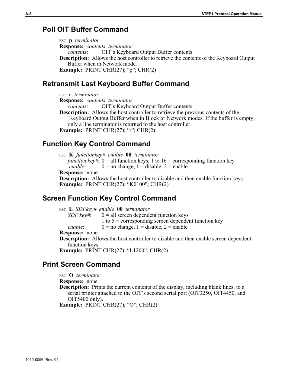 Poll oit buffer command, Retransmit last keyboard buffer command, Function key control command | Screen function key control command, Print screen command | Maple Systems STEPware-100 User Manual | Page 63 / 93