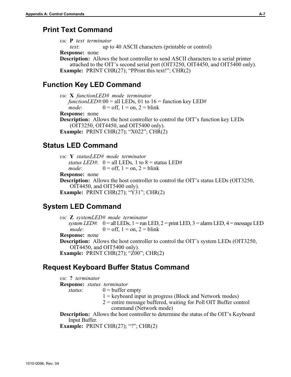 Print text command, Function key led command, Status led command | System led command, Request keyboard buffer status command | Maple Systems STEPware-100 User Manual | Page 64 / 93