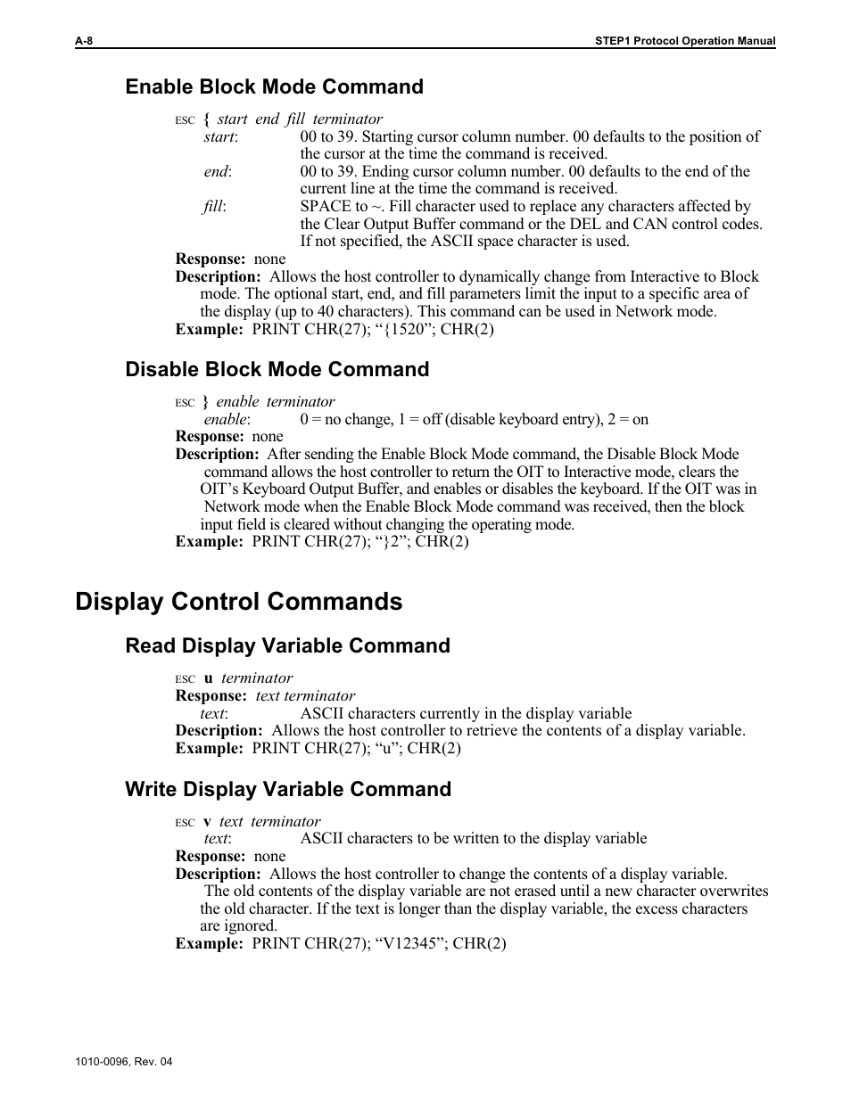 Display control commands, Enable block mode command, Disable block mode command | Read display variable command, Write display variable command | Maple Systems STEPware-100 User Manual | Page 65 / 93