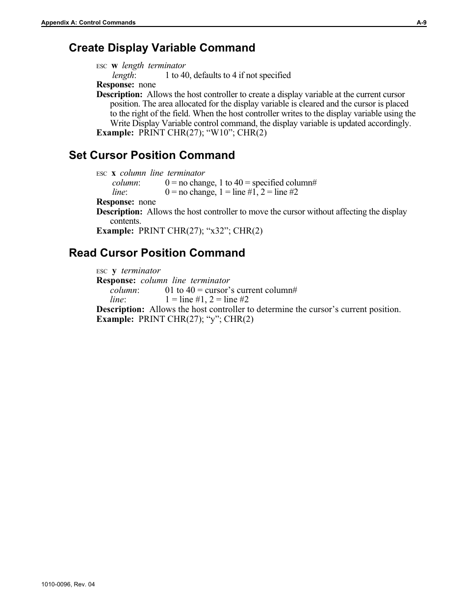 Create display variable command, Set cursor position command, Read cursor position command | Maple Systems STEPware-100 User Manual | Page 66 / 93