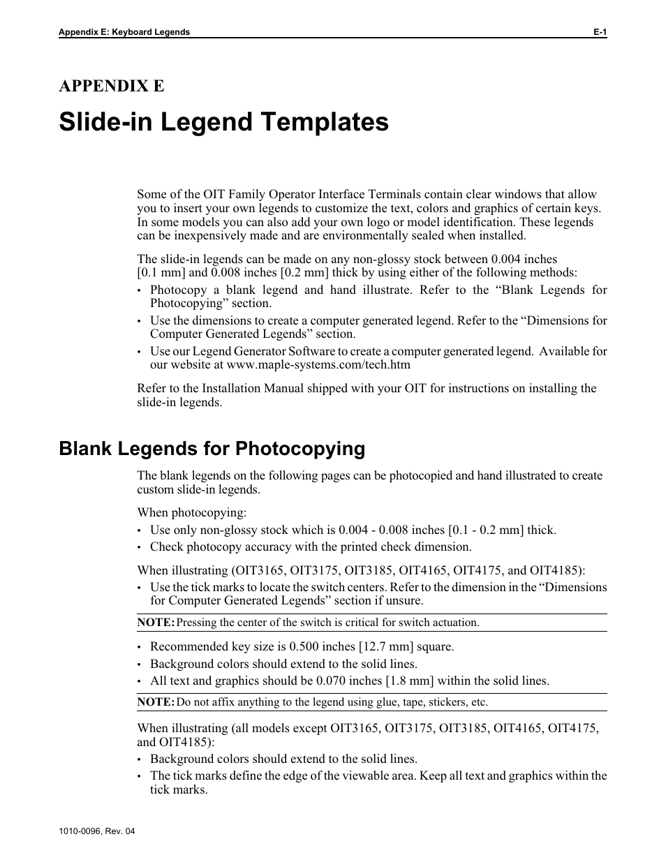 Slide-in legend templates, Blank legends for photocopying, Appendix e | Maple Systems STEPware-100 User Manual | Page 78 / 93