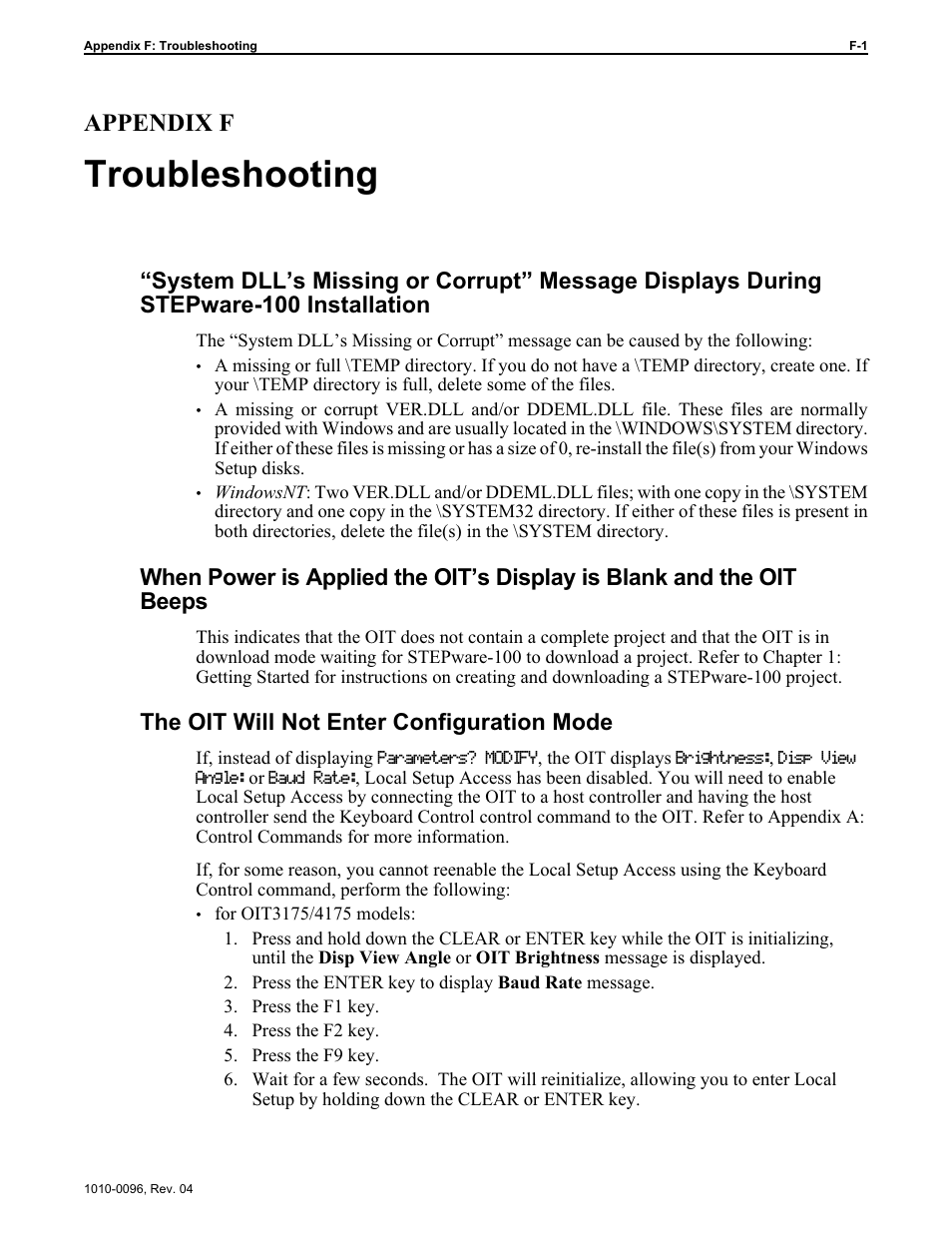 Troubleshooting, Appendix f, The oit will not enter configuration mode | Maple Systems STEPware-100 User Manual | Page 88 / 93