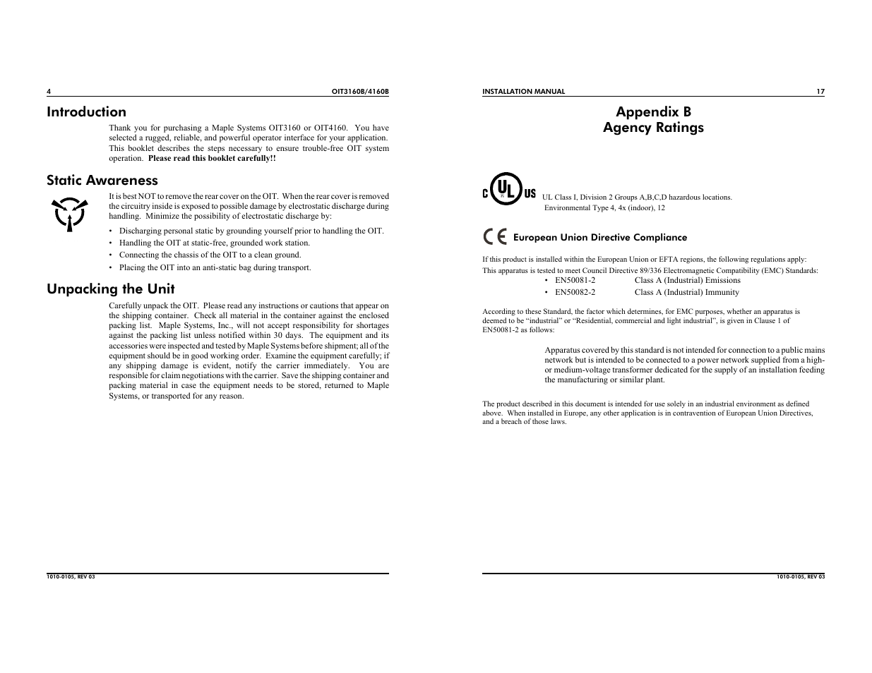 Introduction, Static awareness, Unpacking the unit | Appendix b agency ratings | Maple Systems OIT4160B User Manual | Page 4 / 10