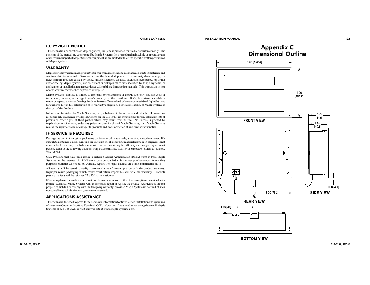 Appendix c dimensional outline | Maple Systems OIT4165A User Manual | Page 2 / 12