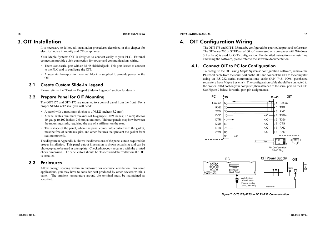Oit installation, Oit configuration wiring, Create custom slide-in legend | Prepare panel for oit mounting, Enclosures, Connect oit to pc for configuration | Maple Systems OIT4175A User Manual | Page 10 / 12