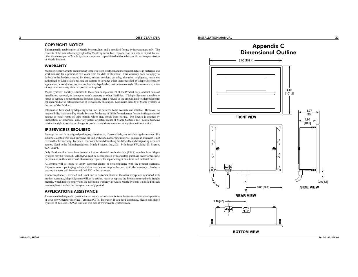 Appendix c dimensional outline | Maple Systems OIT4175A User Manual | Page 2 / 12
