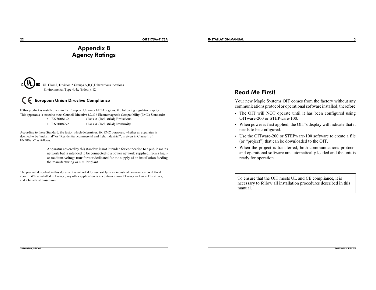 Appendix b agency ratings, Read me first | Maple Systems OIT4175A User Manual | Page 3 / 12