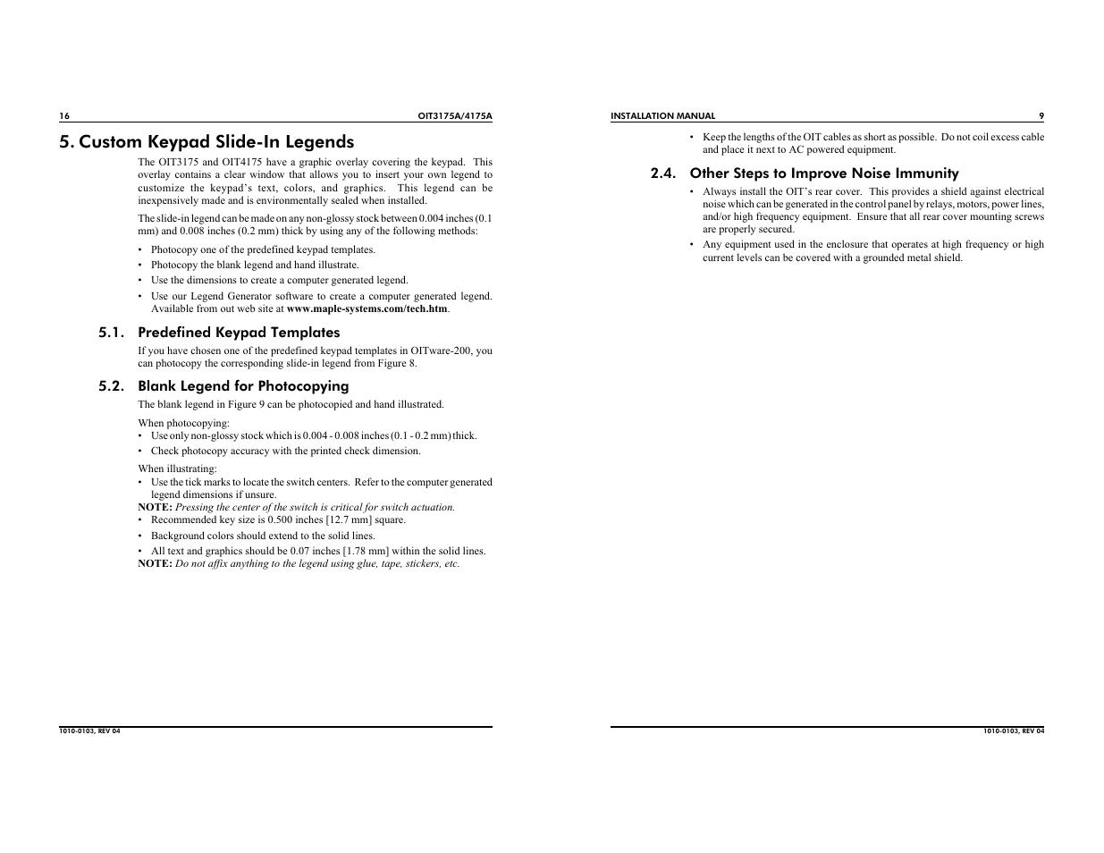 Custom keypad slide-in legends | Maple Systems OIT4175A User Manual | Page 9 / 12
