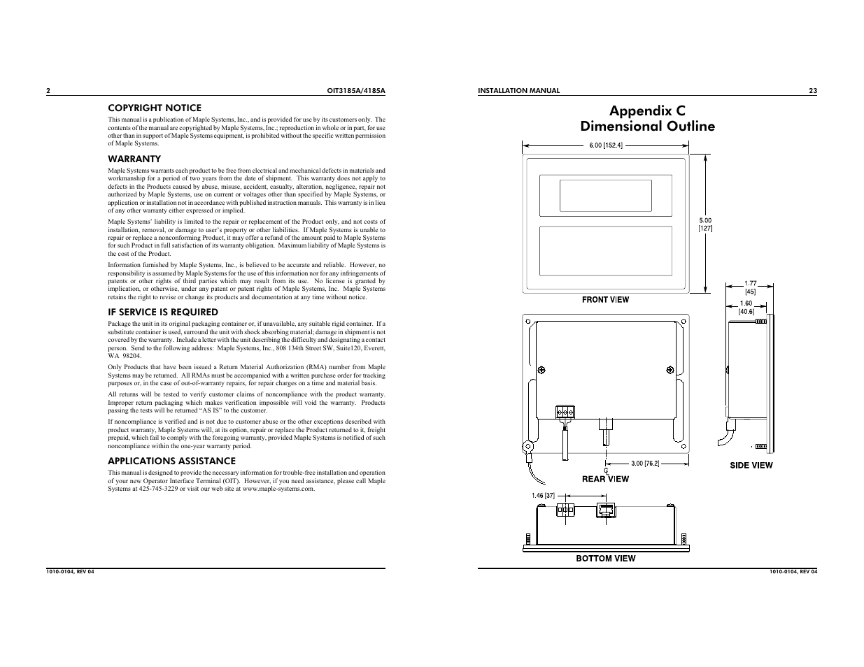 Appendix c dimensional outline | Maple Systems OIT4185A User Manual | Page 2 / 12
