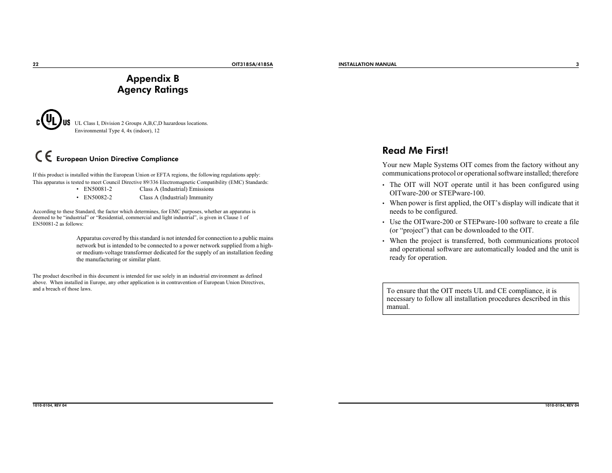Appendix b agency ratings, Read me first | Maple Systems OIT4185A User Manual | Page 3 / 12