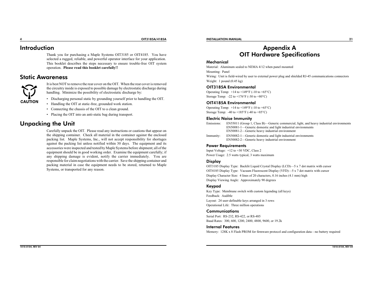 Introduction, Static awareness, Unpacking the unit | Appendix a oit hardware specifications | Maple Systems OIT4185A User Manual | Page 4 / 12