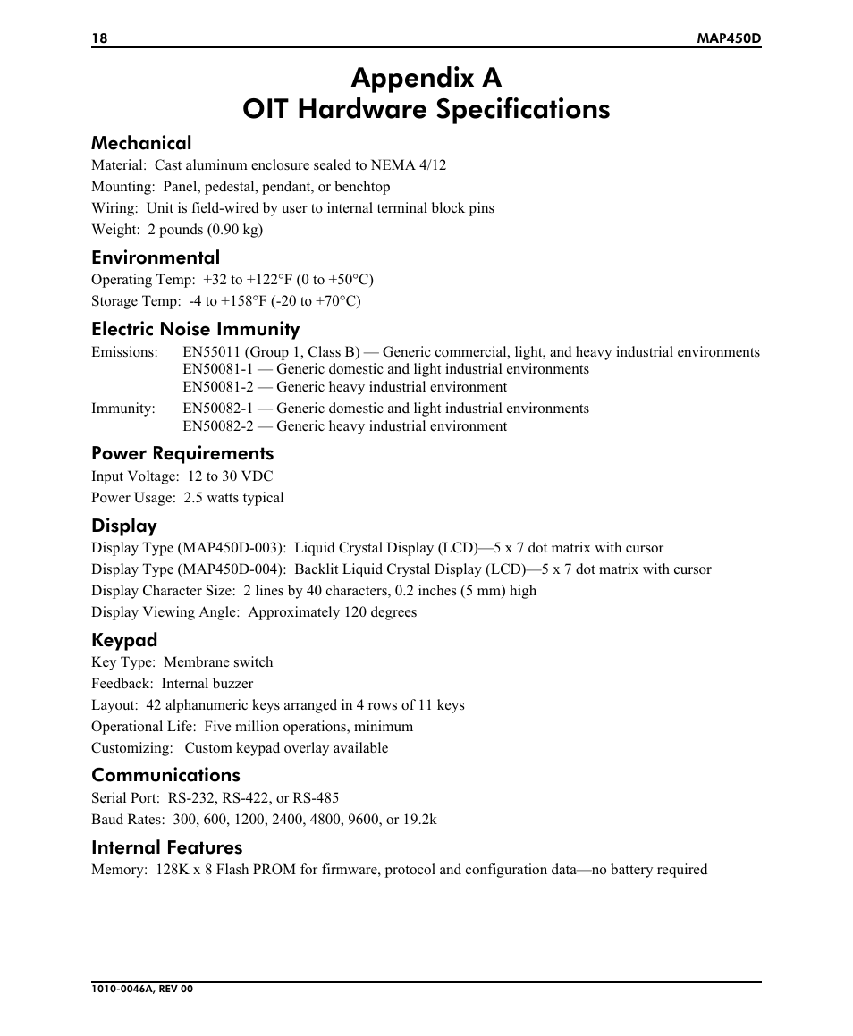 Appendix a: oit hardware specifications, Appendix a oit hardware specifications | Maple Systems MAP450D User Manual | Page 18 / 20