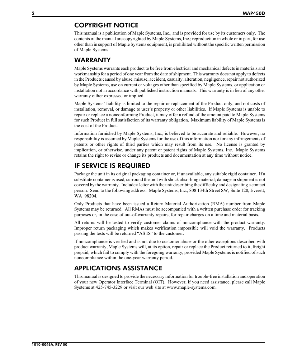 Copyright notice, Warranty, If service is required | Applications assistance | Maple Systems MAP450D User Manual | Page 2 / 20